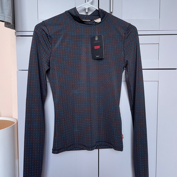 NWT Levi's Houndstooth Mock Neck Long Sleeve Second Skin Stretchy Fitted Top XS - Picture 1 of 8